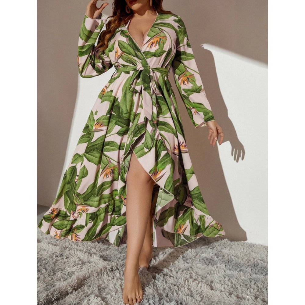 Green Boho Womens Tropical Print Belted Kimono - Picture 2 of 7